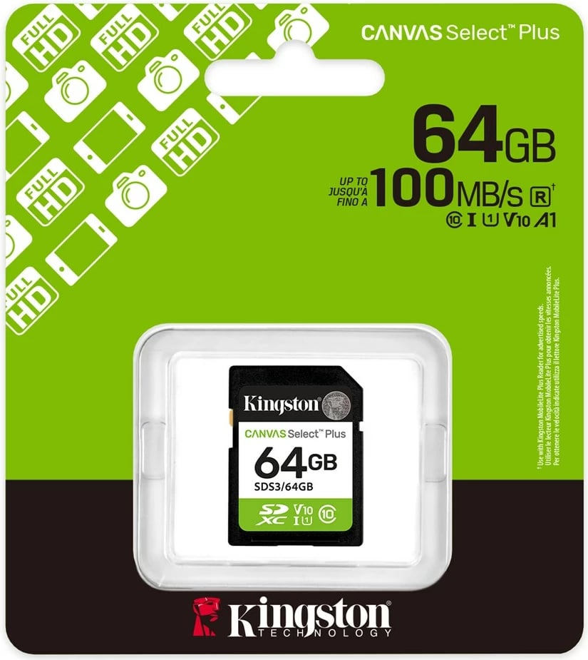 Kartelë memorie Kingston Canvas Select Plus Gen3 64GB SDXC, 100MB/s, Gjelbër