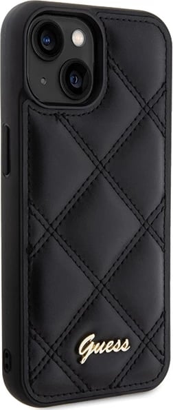 Mbështjellës Guess Quilted Metal Logo për iPhone 15, i zi