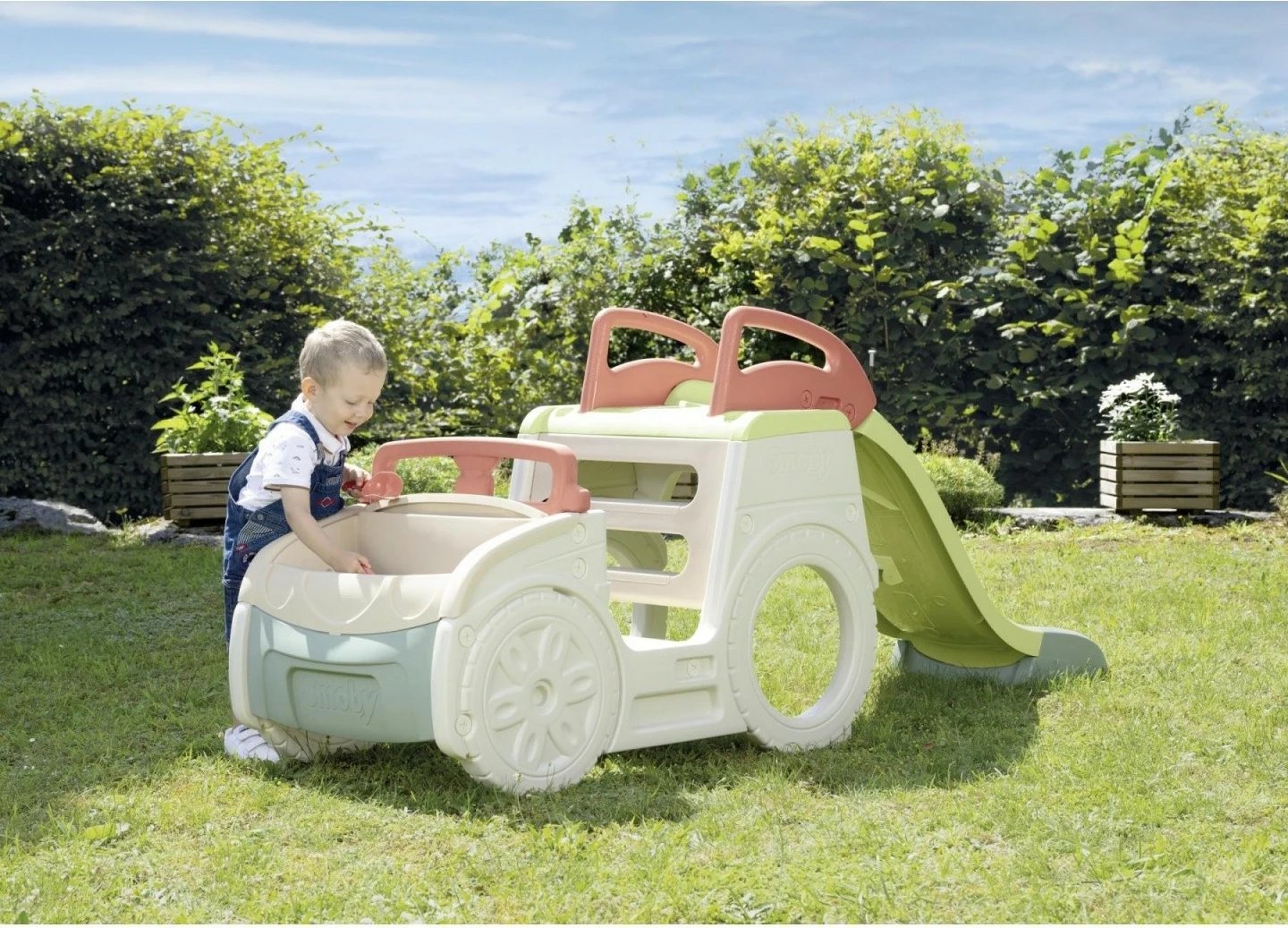 Lodër kopshti Smoby Adventure Car, plastikë e ricikluar, me rrëshqitëse, kafe/krem/gri/jeshile