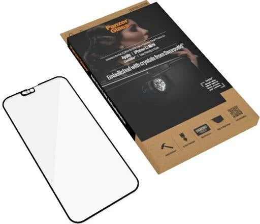 Xham mbrojtës PanzerGlass E2E Microfracture për iPhone 13 mini, me mbulesë kamere dhe kristal Swarovski, kornizë e zezë