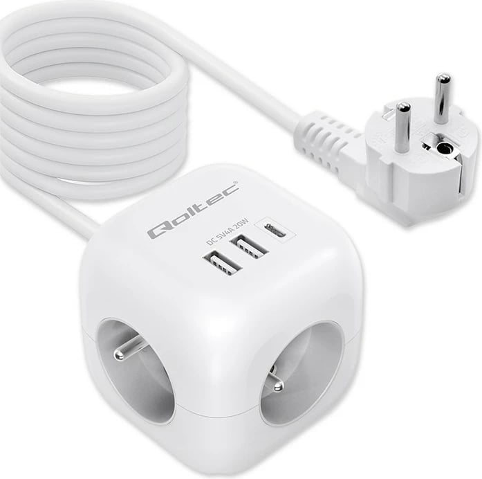 Kasë Qoltec 52547, 3x AC, 2x USB, 1x USB-C PD 20W, 2m, Bardhë