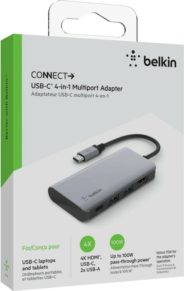 Adapter multiport USB-C 4-në-1 Belkin AVC006btSGY, 12.5 cm, Gri