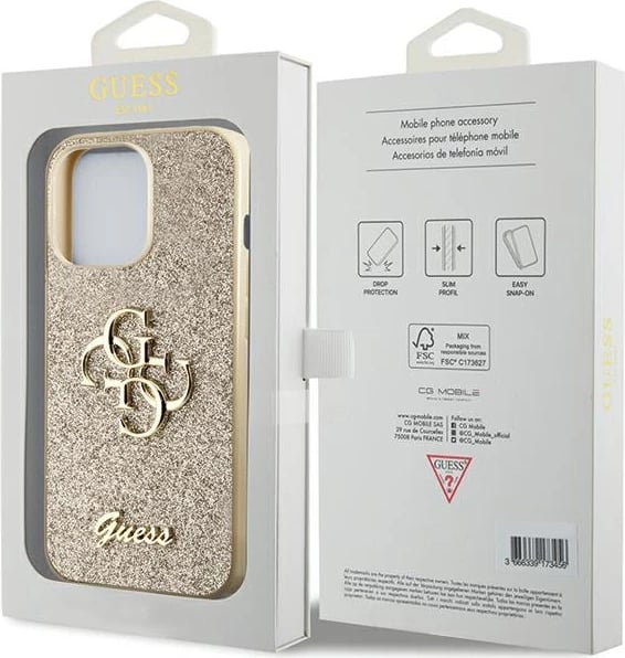 Mbështjellës Guess Glitter Script Big 4G për iPhone 13 Pro Max 6.7", Ari