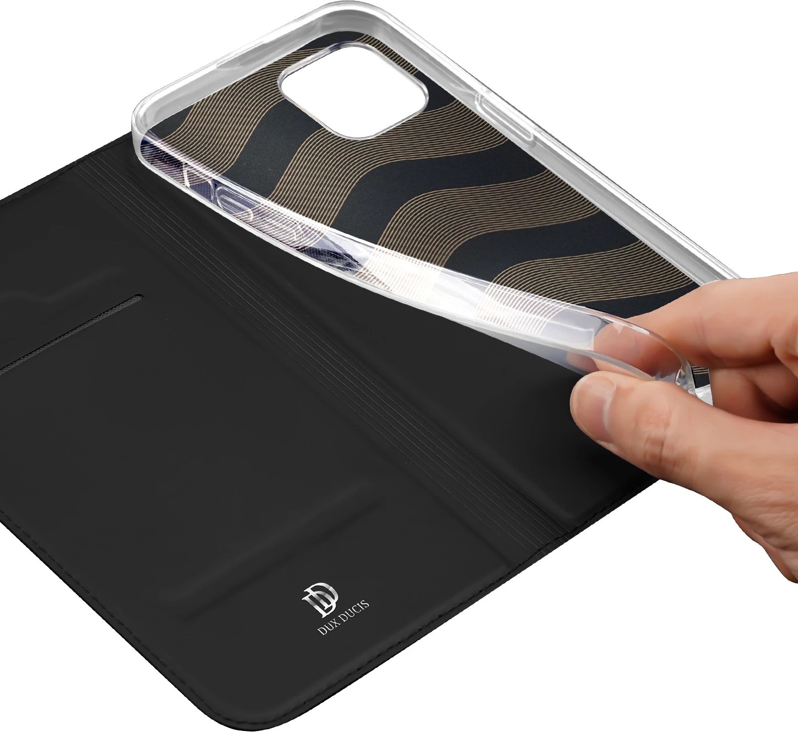 Mbështjellës Dux Ducis Skin Pro për iPhone 15 Plus, me kapak, xhep kartelash, i zi