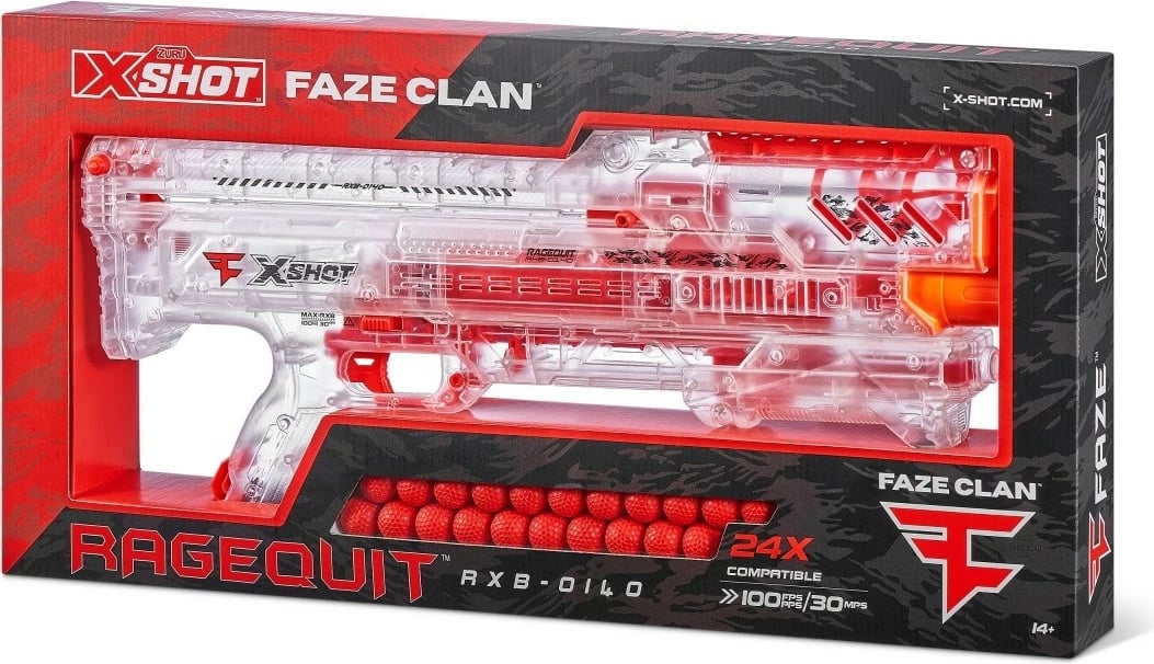 Blaster X-Shot FaZe Ragequit Round Launcher me 24 toptha, Transparent/Portokalli/E Kuqe