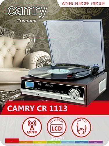 Gramafon, Camry CR 1113, 33/45/78 RPM, radio FM/AM, altoparlantë të integruara, LCD, AUX/RCA
