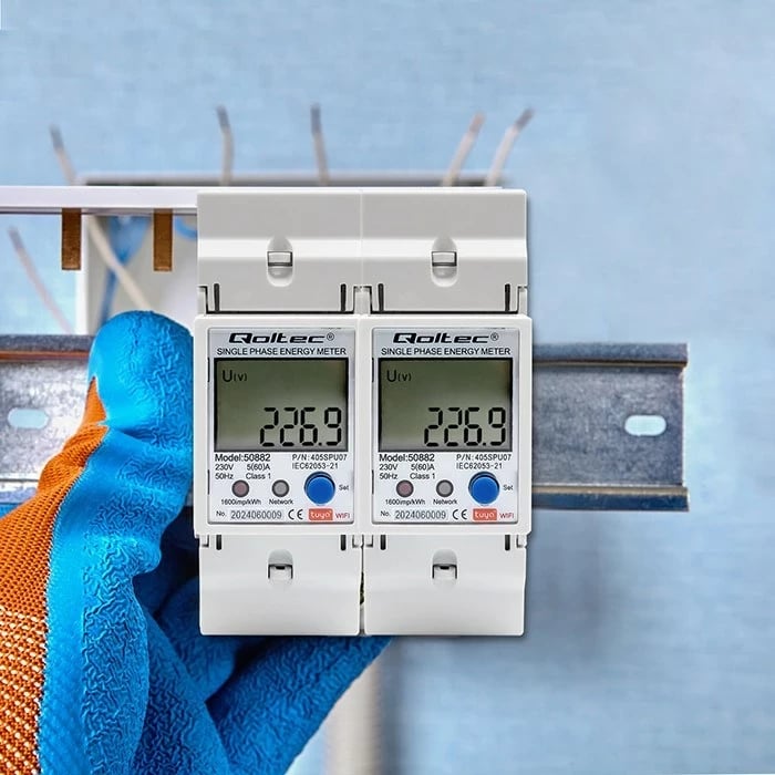 Matës energjie Qoltec 50882, njëfazësh, për DIN rail, Wi-Fi, TUYA, 230V, LCD