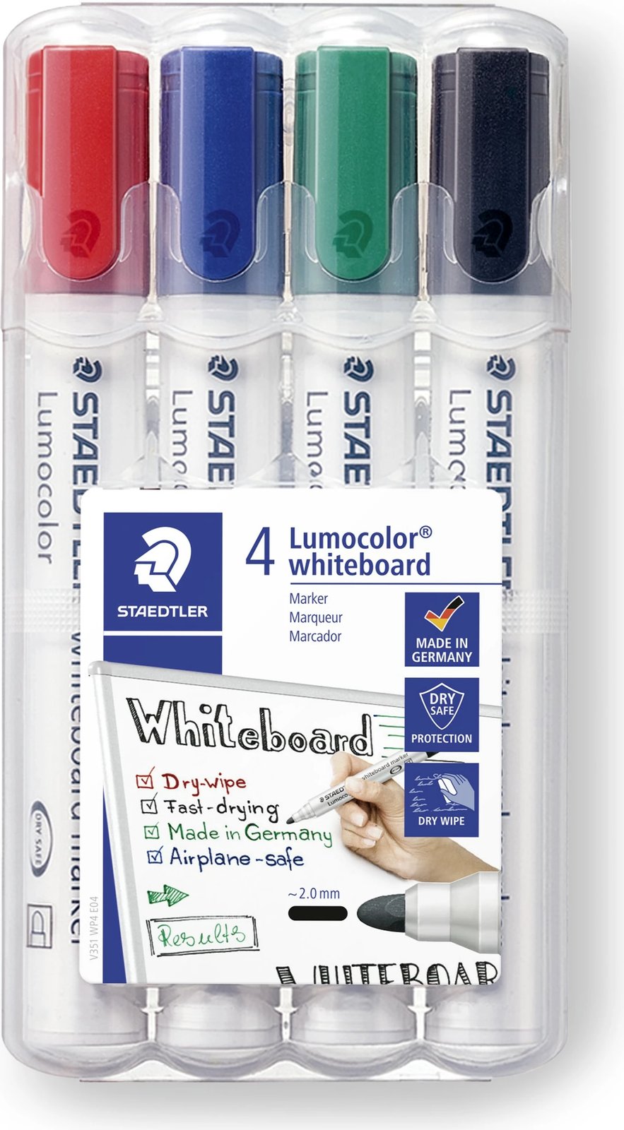 Set markerash whiteboard STAEDTLER Lumocolor 4 copë, majë e rrumbullakët 2mm, multingjyrësh