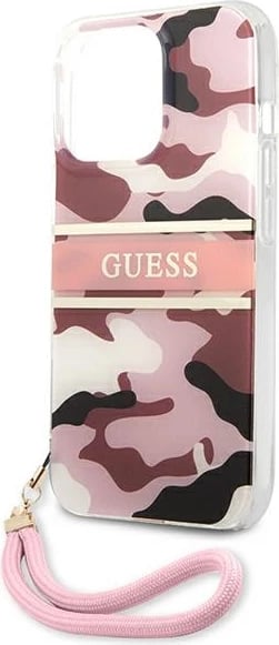 Mbështjellës Guess GUHCP13LKCABPI për iPhone 13/13 Pro 6.1", plastikë e fortë, kamuflazh, me varëse, rozë