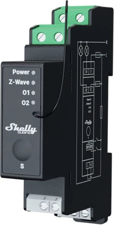 Switch DIN rail, Shelly, Wave Pro 2PM (QBWAVPRO2PM), 2 kanale 2x16A total 25A, matje fuqie, Z‑Wave S800, i zi