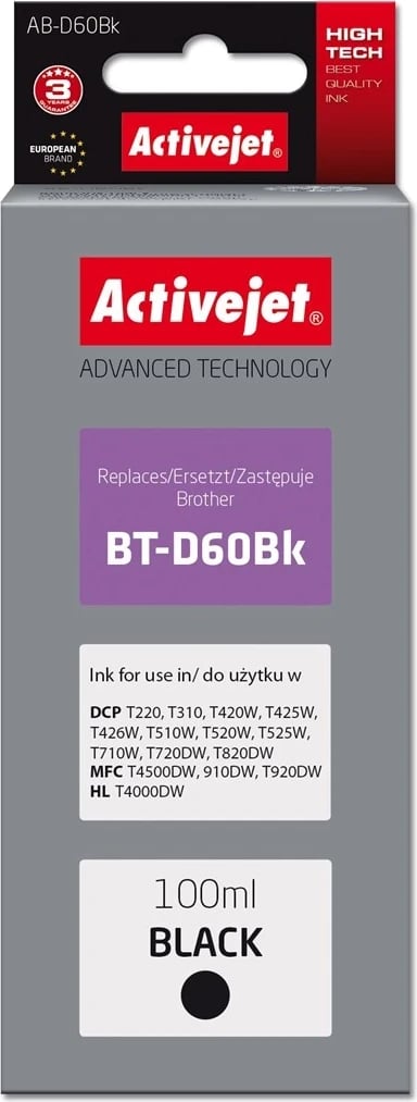 Ngjyrë zëvendësuese Activejet AB-D60BK ink për printer Brother BT-D60BK, 100ml, e zezë