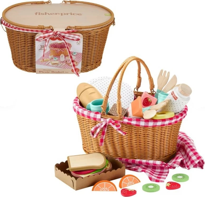 Shportë pikniku prej druri Fisher Price HXT81, shumëngjyrëshe, set lodrash për fëmijë