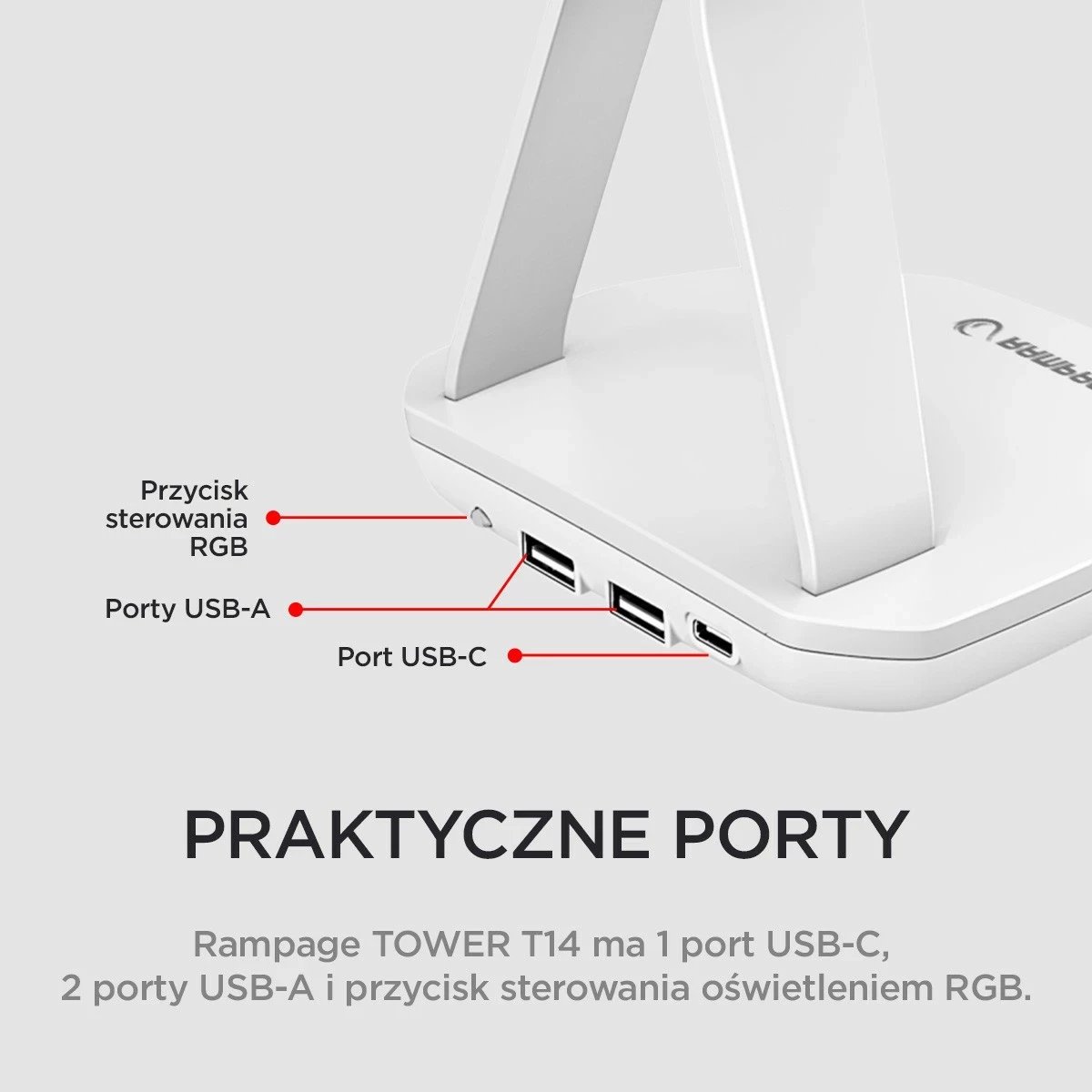 Stojak kufje Rampage T14, RGB, 2x USB, bardhë