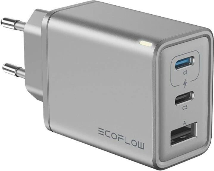 Karikues rrjeti EcoFlow RAPID 65W GaN, 2x USB-C, 1x USB-A, argjendtë-e zezë, me kabllo 1m