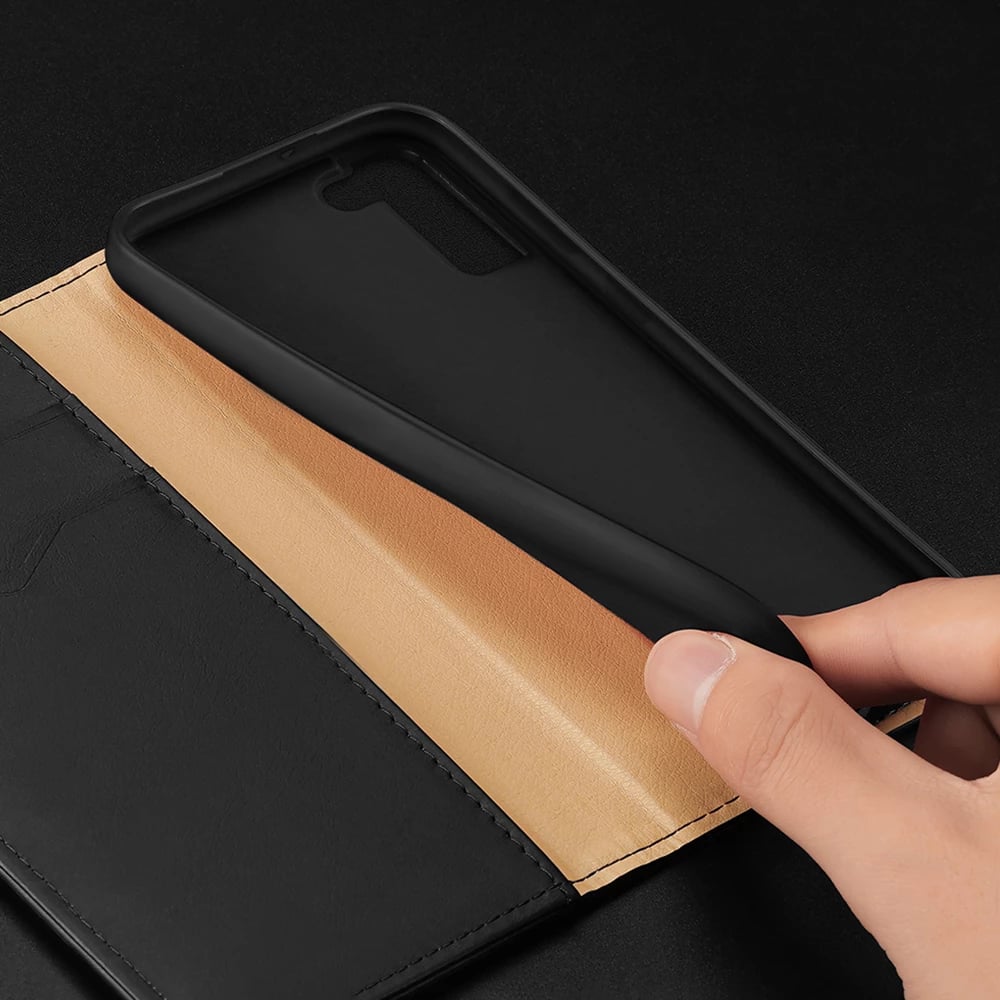 Mbështjellës Dux Ducis Hivo për Samsung Galaxy S22+, lëkurë natyrale, me xhepa, i zi