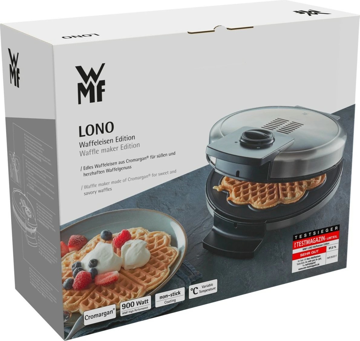 Pajisje për vafla WMF Lono 04.1521.0011, 5 vafla, Zemër, 900 W, E zezë, Krom