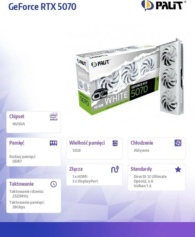 Kartelë grafike Palit GeForce RTX 5070 WHITE OC, 12GB GDDR7, 192bit, 3x DisplayPort/HDMI, e bardhë