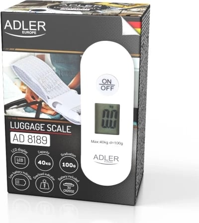 Peshore bagazhi udhëtimi, Adler, AD 8189, kapacitet 40 kg, LCD, kg/lb, rrip polipropileni, bardhë-gri