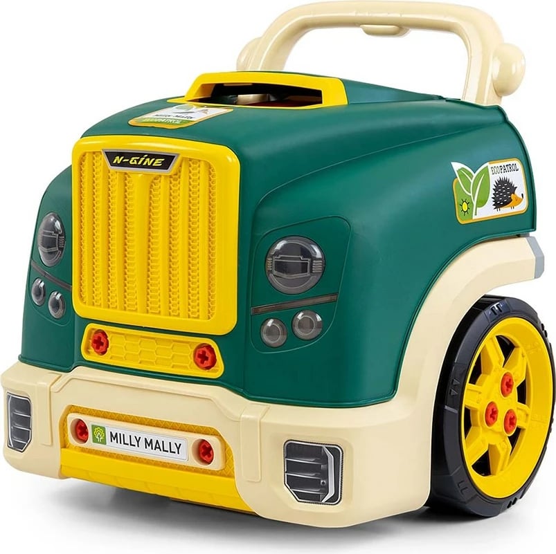 Lodër edukative motor makine me kapak hapës, MILLY MALLY N-GINE, efekte dritë/tingull, timon me borinë, 3 AA, 3+ , e gjelbër, set 56 copë
