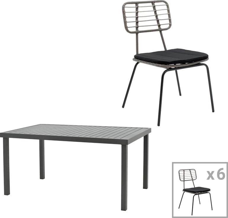 Set tavoline me karrige Naoki-Kliton A, metal i zi, alumin antracit, 150x80x74cm, 7 pjesë