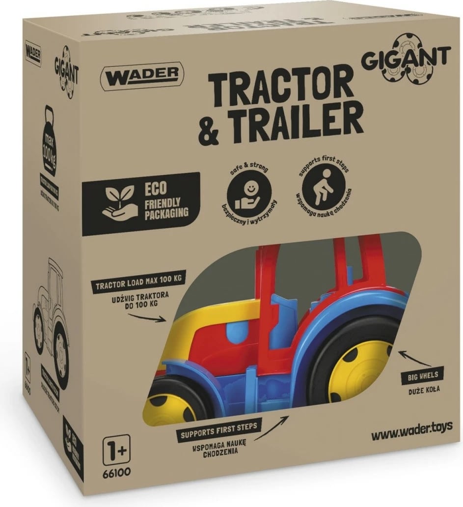 Traktor me rimorkio lodër Wader Gigant Box 120 cm, plastikë, blu/kuq/verdhë