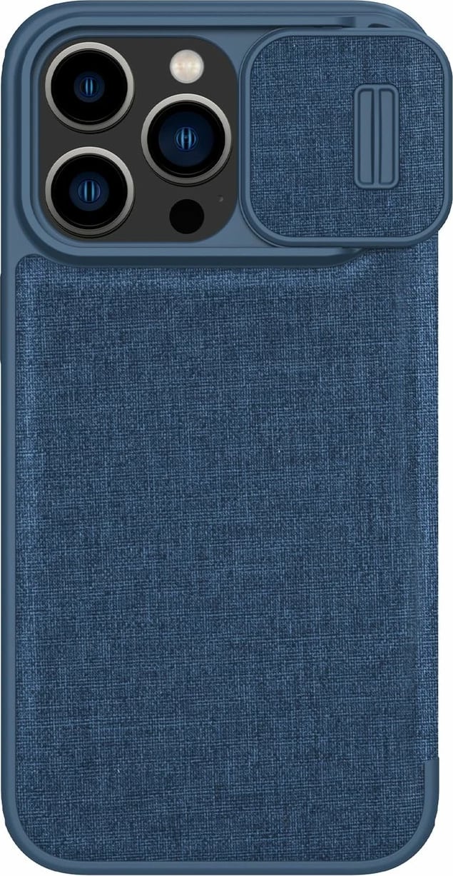 Mbështjellës Nillkin Qin Cloth Pro Case për iPhone 14 Pro Max, me kapak dhe mbulesë kamere, Blu