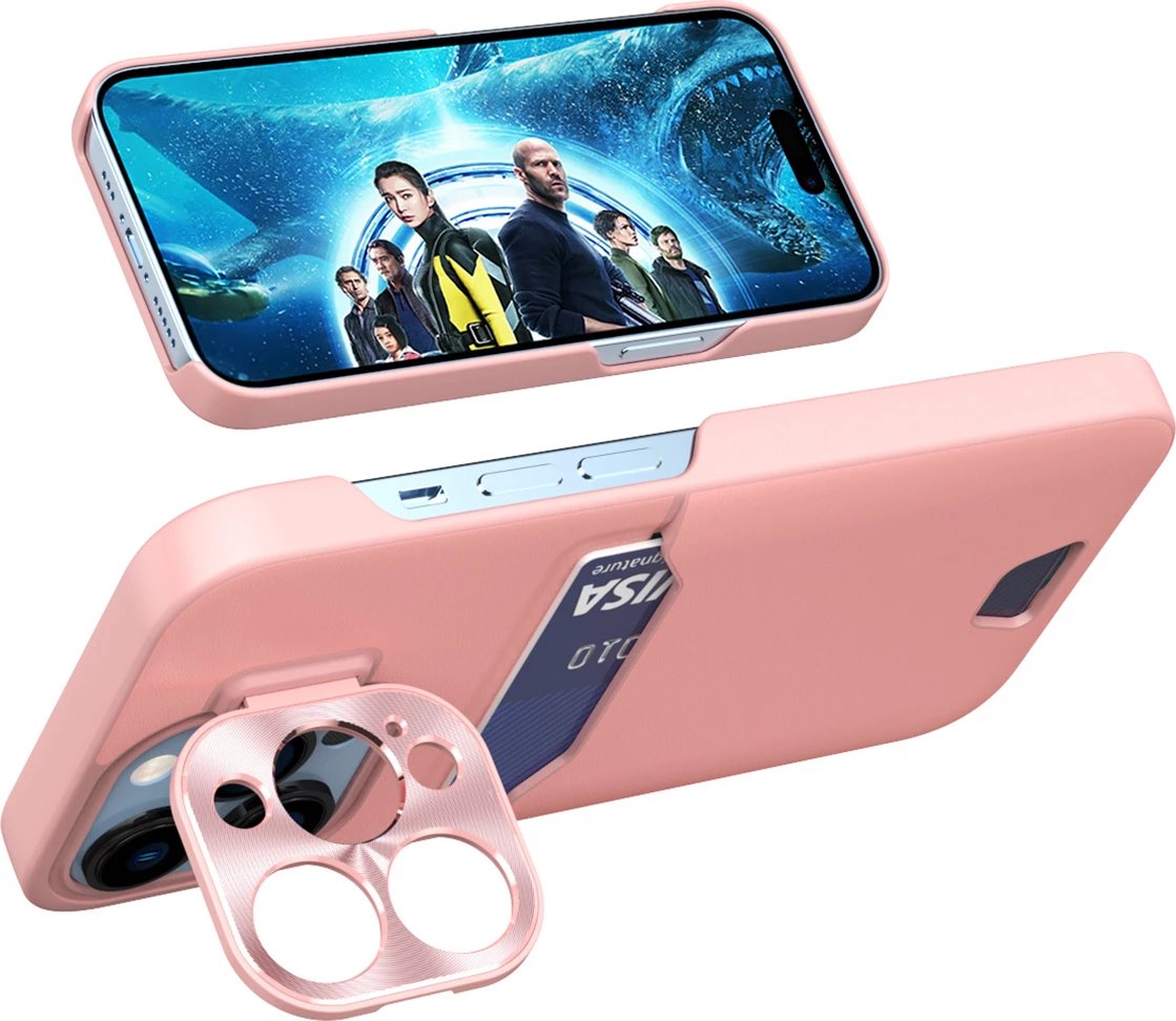 Mbështjellës Hurtel Leather Stand Case për iPhone 14 Plus, me xhep për kartela, rozë