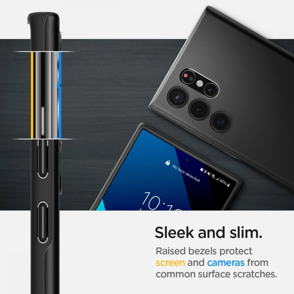 Mbështjellës Spigen Thin Fit për Samsung Galaxy S22 Ultra, i zi