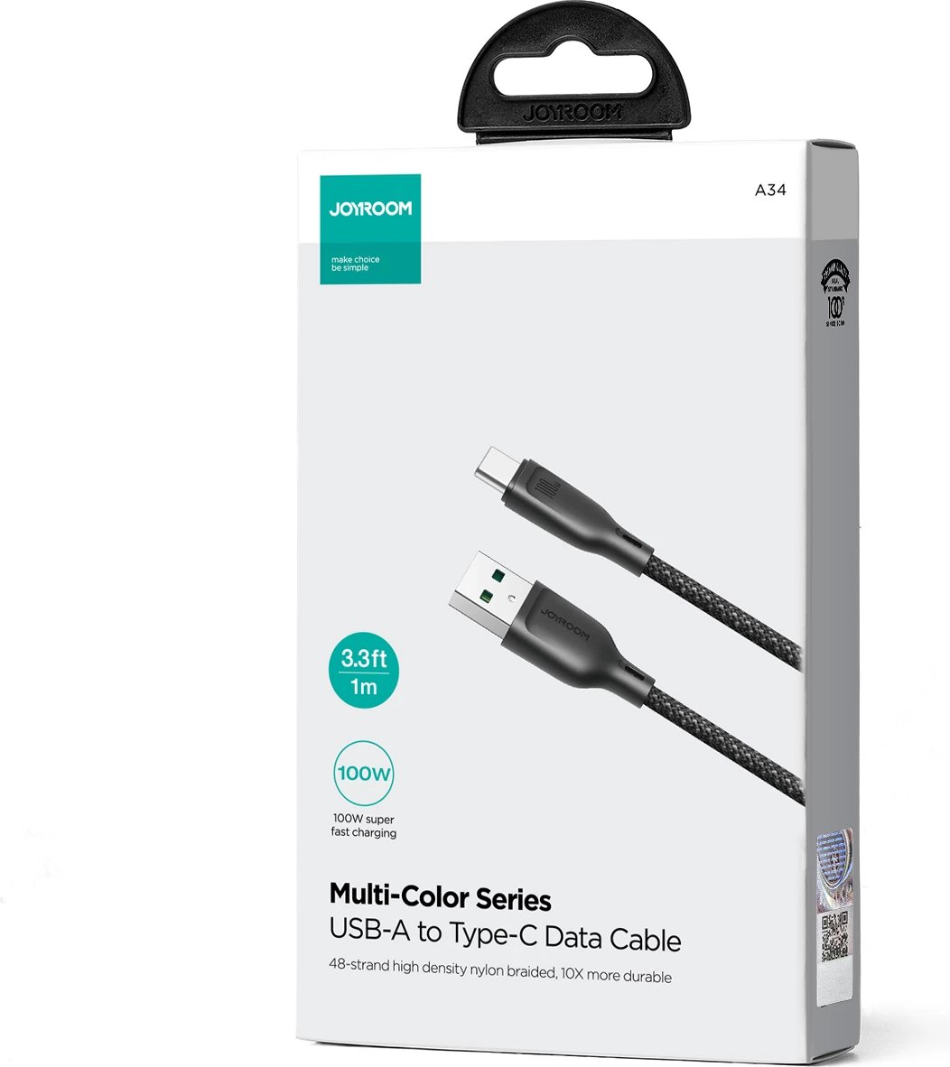 Kabllo Joyroom Multi-Color Series S-A34, USB-A në USB-C, 100W, 1m, e zezë