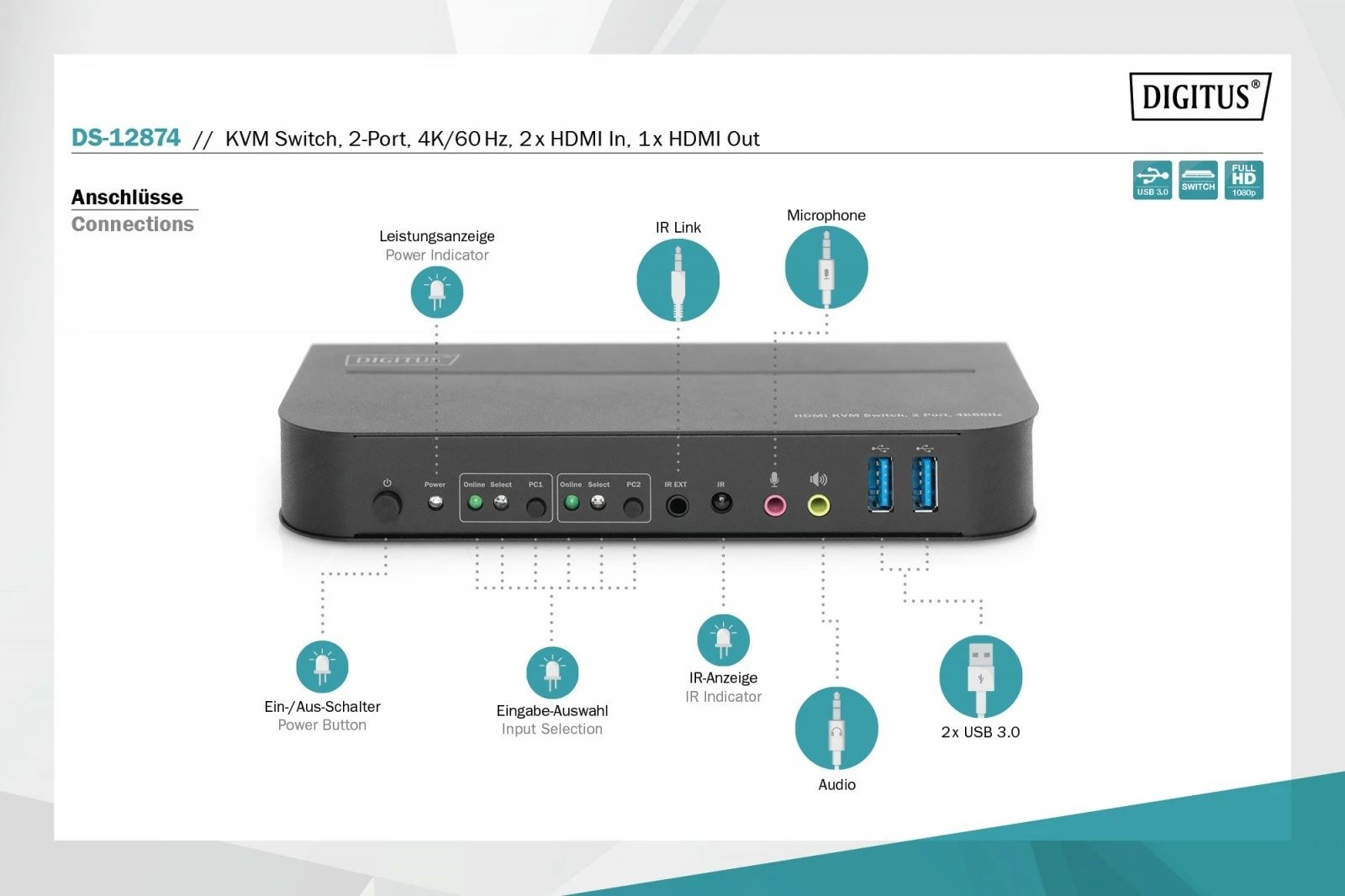 Switch KVM Digitus DS-12874, 2 porta HDMI, 4K 60Hz, 2x USB 3.0, i zi