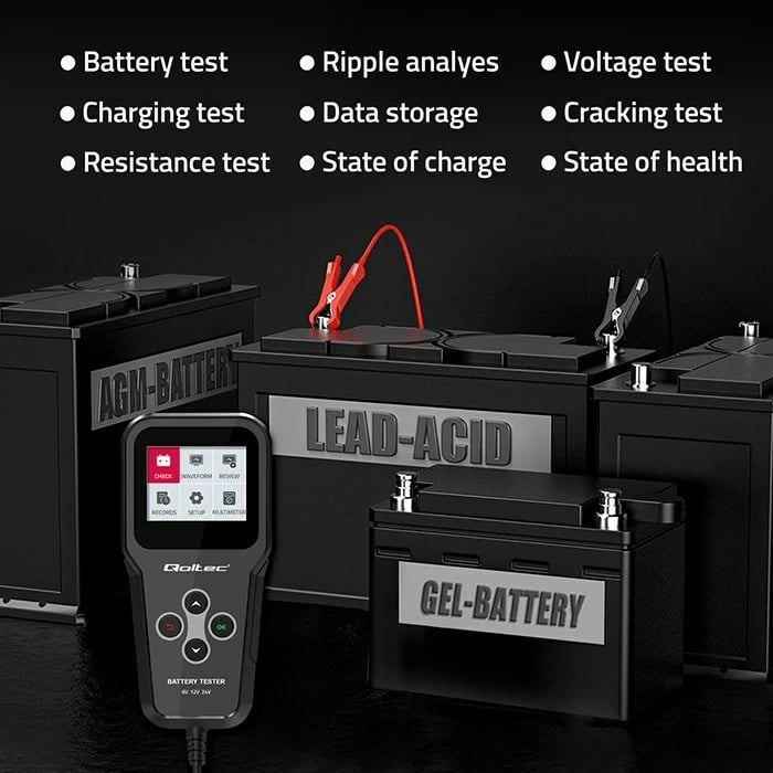 Analizues baterie Qoltec 52489, digjital, 3-në-1, LCD, 6V/12V/24V