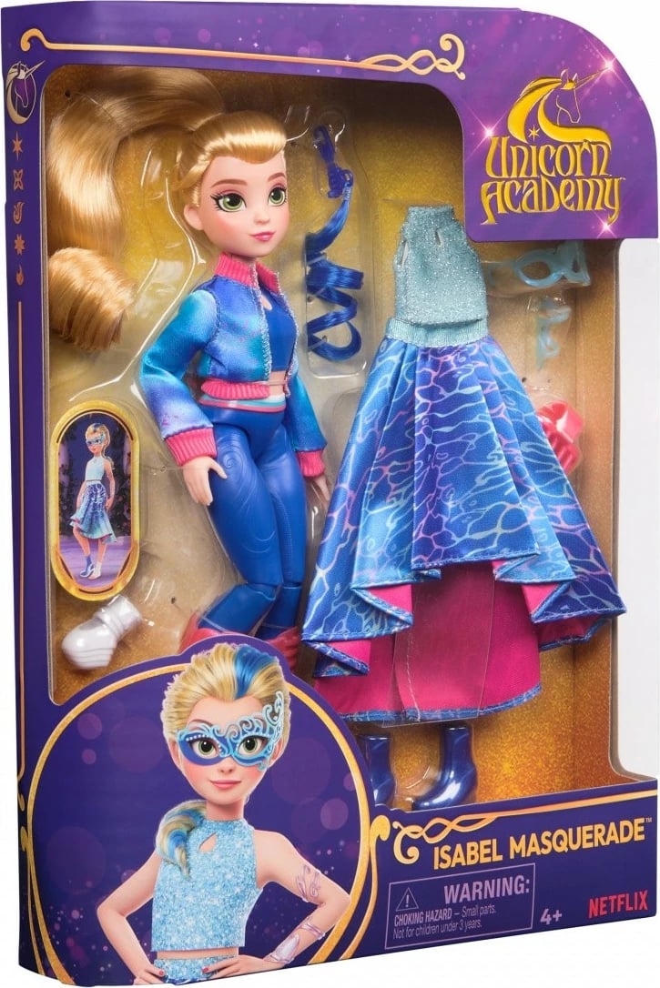 Kukull lodër Unicorn Academy Spin Master Isabel Delux Masked Ball, 23 cm, me aksesorë, blu