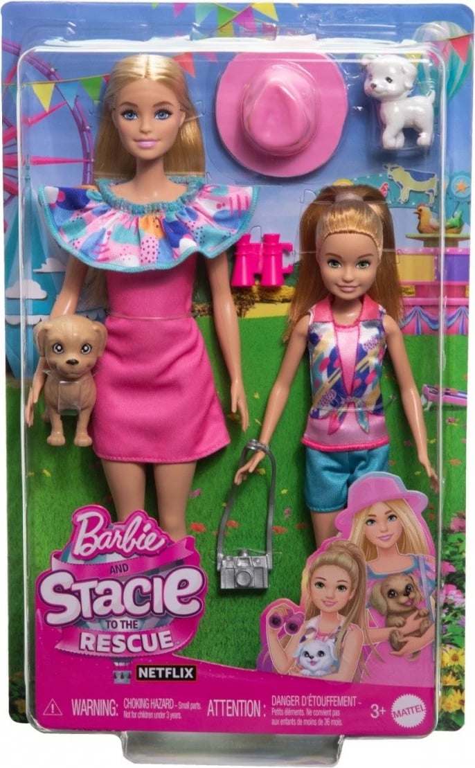 Set kukullash Barbie dhe Stacie, Mattel HRM09, me 2 qen lodër dhe aksesorë