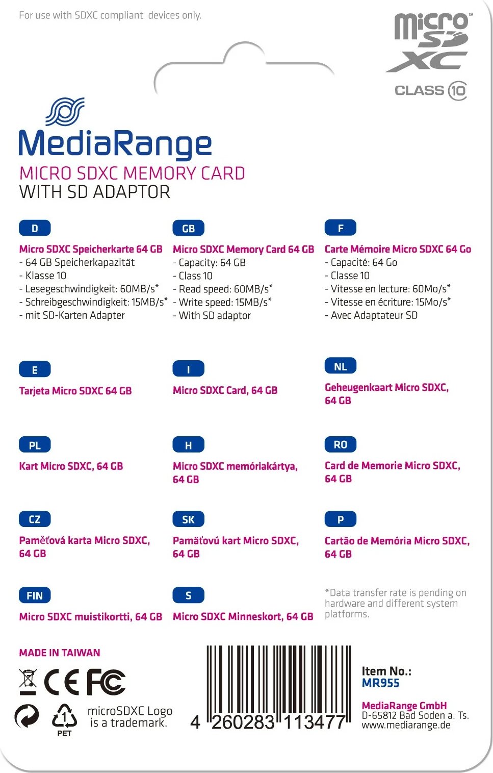Kartelë memorie MediaRange MicroSDXC 64GB, Class 10, me adapter SD, e zezë