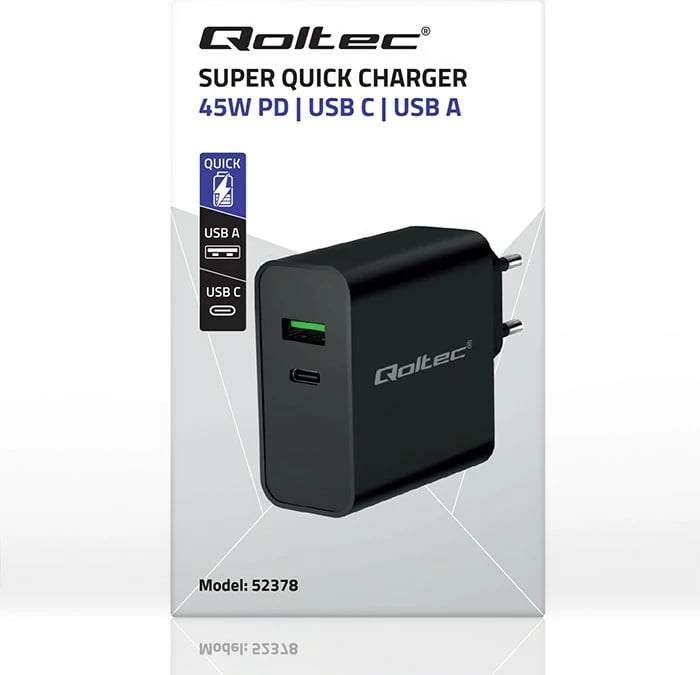 Karikues muri Qoltec Super Quick PD, 45W, 1xUSB-C, 1xUSB, i zi