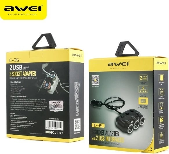 Ndarës çakmaku për makinë AWEI C-3S, 2xUSB, 3 dalje çakmaku, i zi