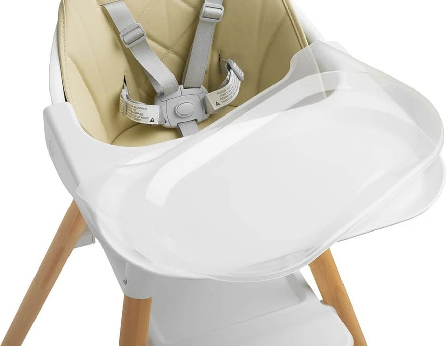 Karrige e lartë për fëmijë, CARETERO Bravo, multifunksionale me tabaka dhe mbështetëse këmbësh, këmbë druri, rrip 5-pikësh, bezhë