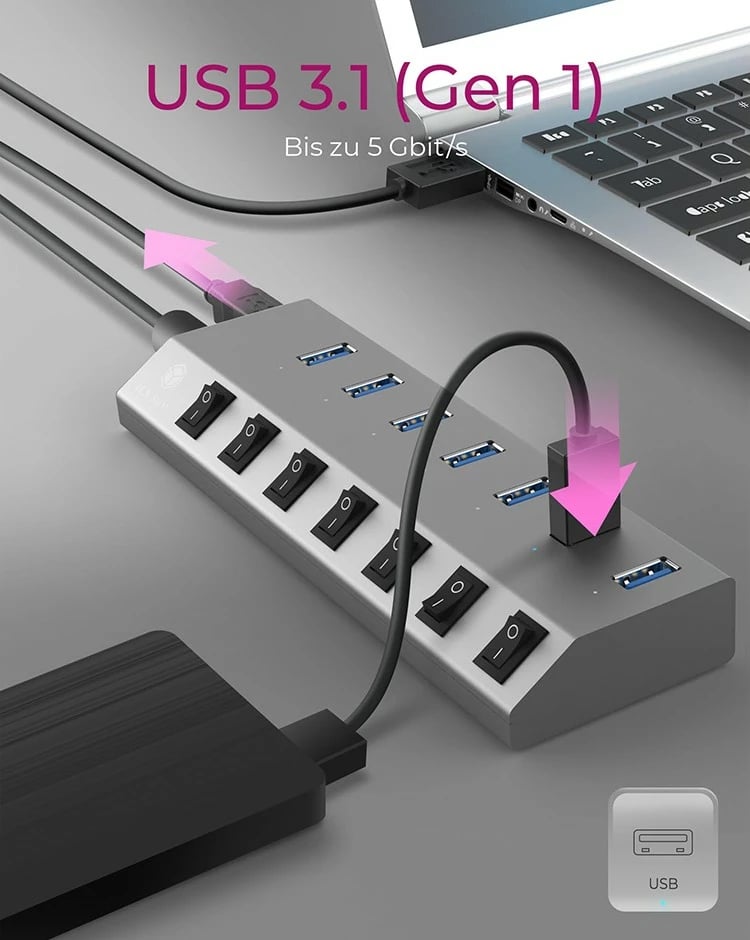 USB hub ICY BOX IB-HUB1701-C3, 7 porta, USB 3.2, alumini, anthracite