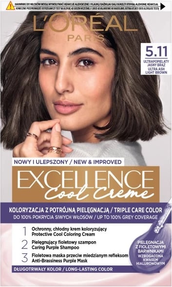 Ngjyrë për flokë L'Oreal Paris Excellence Cool Creme 5.11 Ultrapopielaty Light Brown për femra, 1 copë
