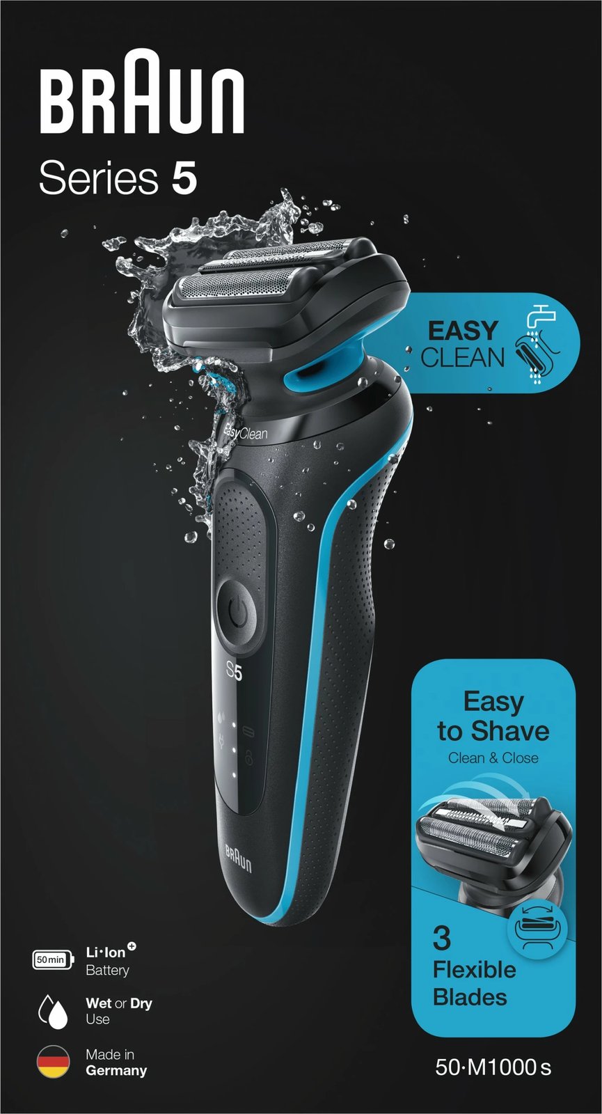 Makinë rroje Braun Series 5 50-M1000s, Foil shaver, LED, Bateri, Black, Blue