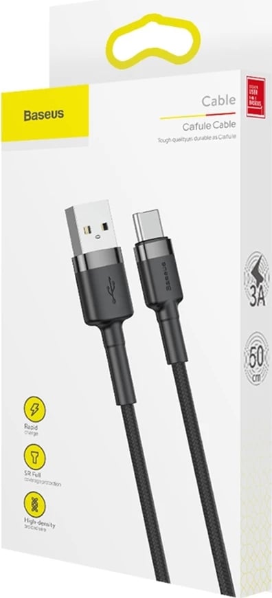 Kabllo Baseus Cafule CATKLF-AG1 USB-A në USB-C, 0.5m, 3A, QC 3.0, e zezë-gri