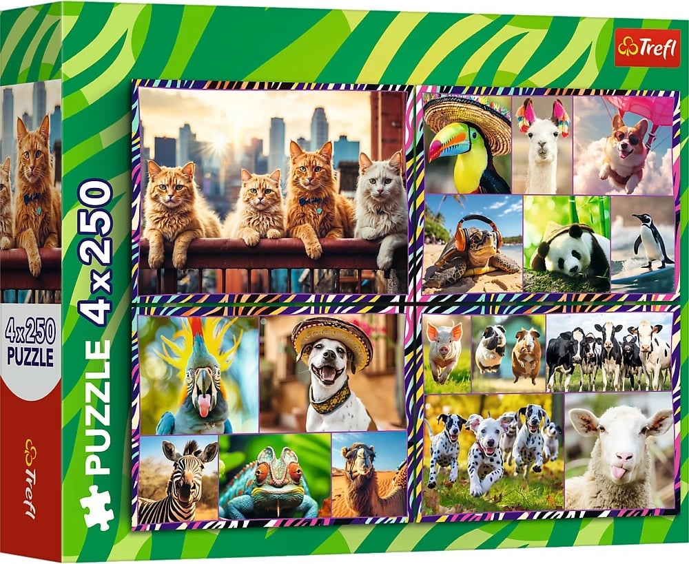 Puzzle Trefl 4x250 Funny Animals për fëmijë, karton, set me 4 copë
