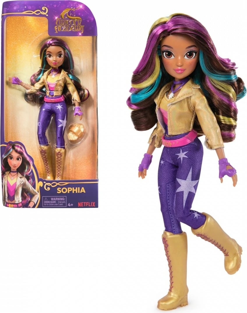 Kukull Unicorn Academy Spin Master Sophia 23 cm me flokë shumëngjyrëshe, me aksesorë