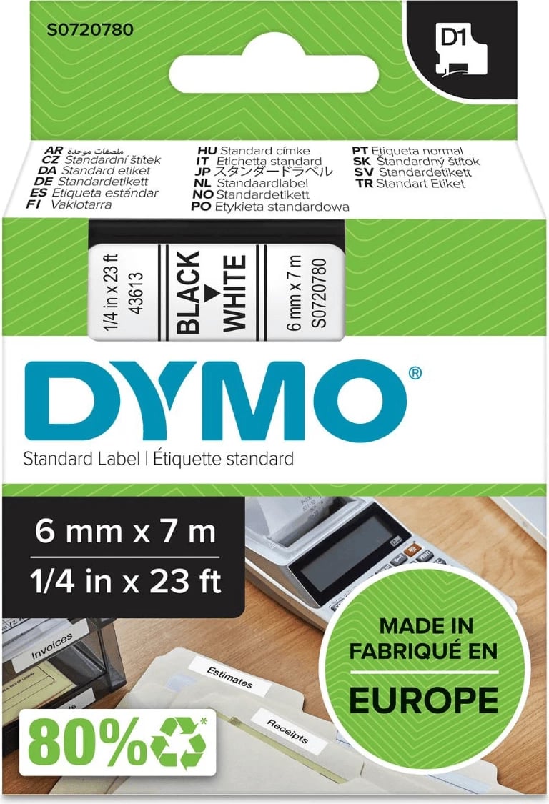 Shirit etiketues, Dymo, D1 43613 / S0720780, 6 mm x 7 m, zi në të bardhë