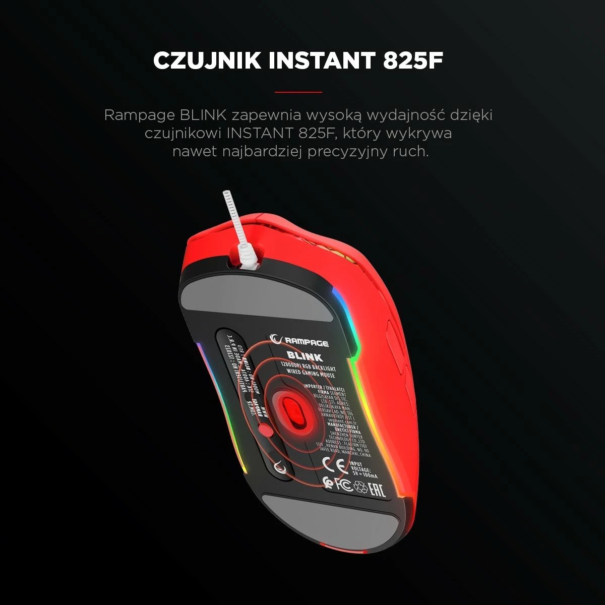 Maus gaming Rampage BLINK, USB, 12800 DPI, RGB, sensor optik, e kuqe