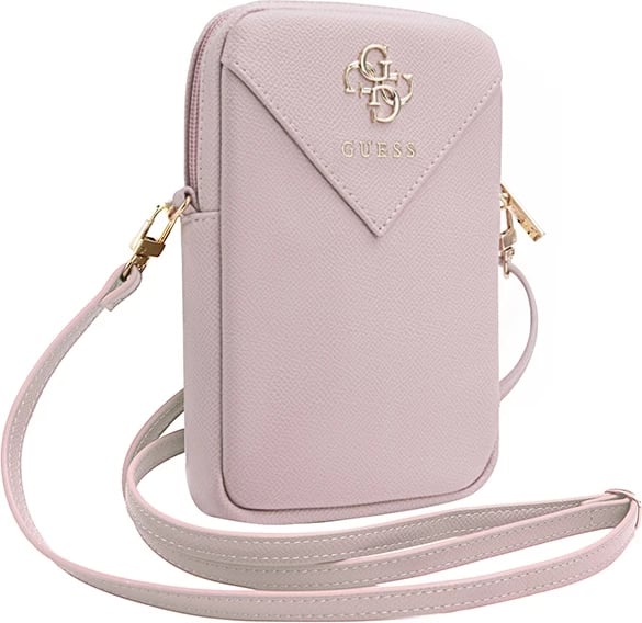 Mbështjellës Guess ZIP Leather Triangle 4G për celular, rozë