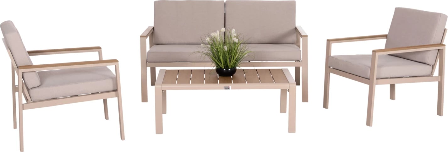 Set lounge për jashtë, 4 pjesë, SAFIN FH6278.04, alumin, ngjyrë kapuçino, polywood, stof OLEFIN, bezhë