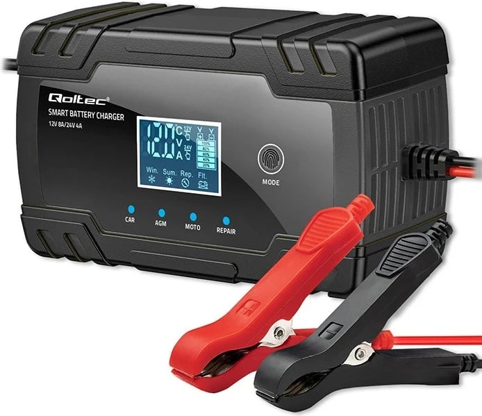 Karikues inteligjent për bateri Qoltec 52490, 12V 8A / 24V 4A, me funksion riparimi, LCD
