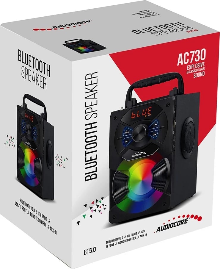Boks portativ Bluetooth Audiocore AC730, FM radio, SD/MMC, AUX, USB, me telekomandë, Ngjyrë e zezë