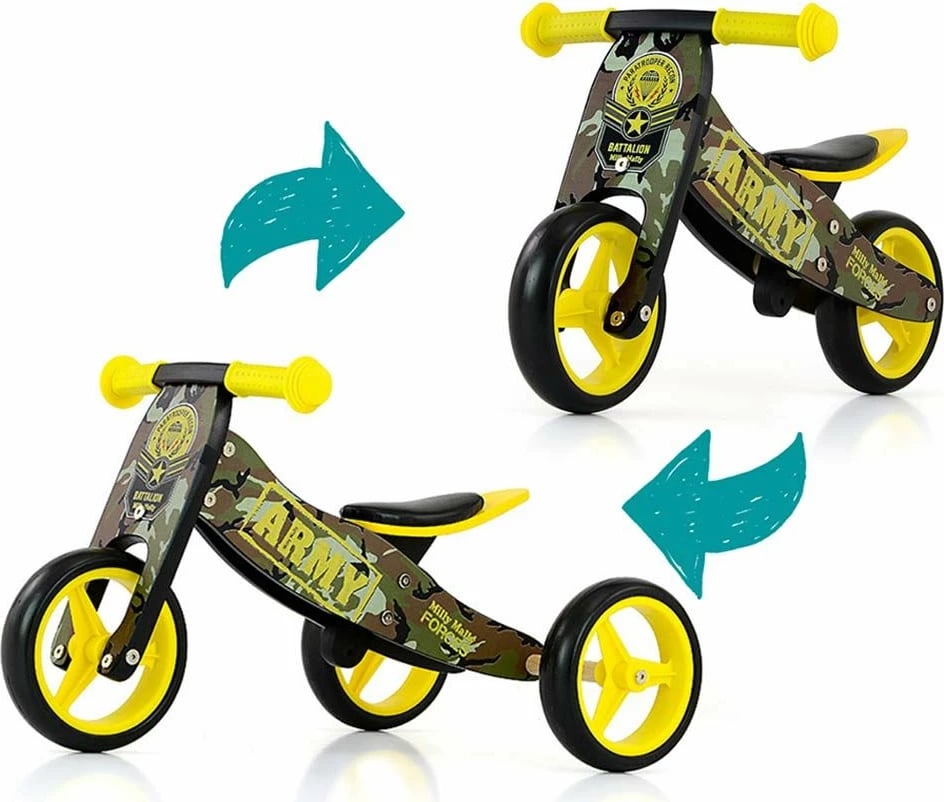 Bicikletë balancuese/tricikël druri 2-në-1, Milly Mally, JAKE Army, rrota shkumë 7", sedilje e rregullueshme, e gjelbër